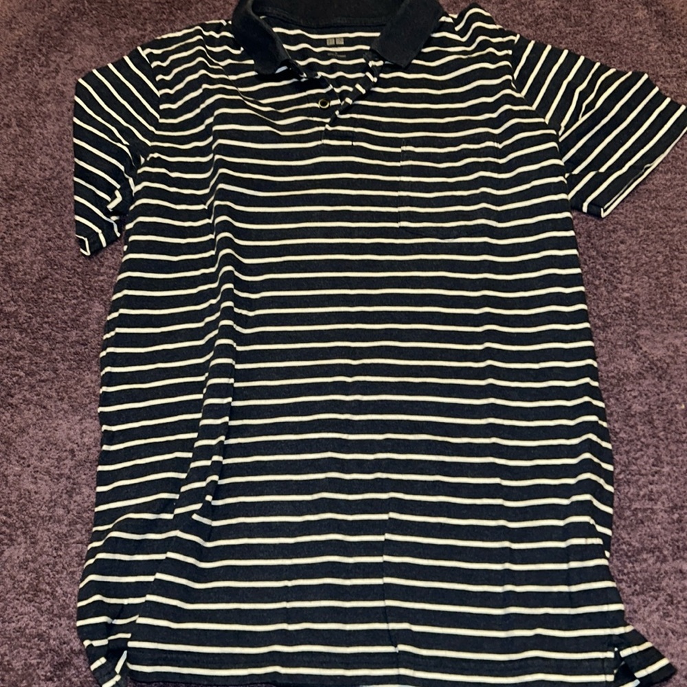 Polo style shirt navy blue and white stripe size large only $6
